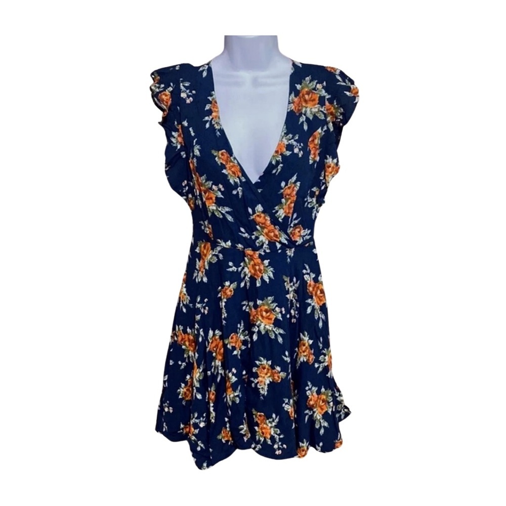 Altar'd State Gianny Crossover Cap Flutter Sleeve Dress Teal Vintage Rose Floral